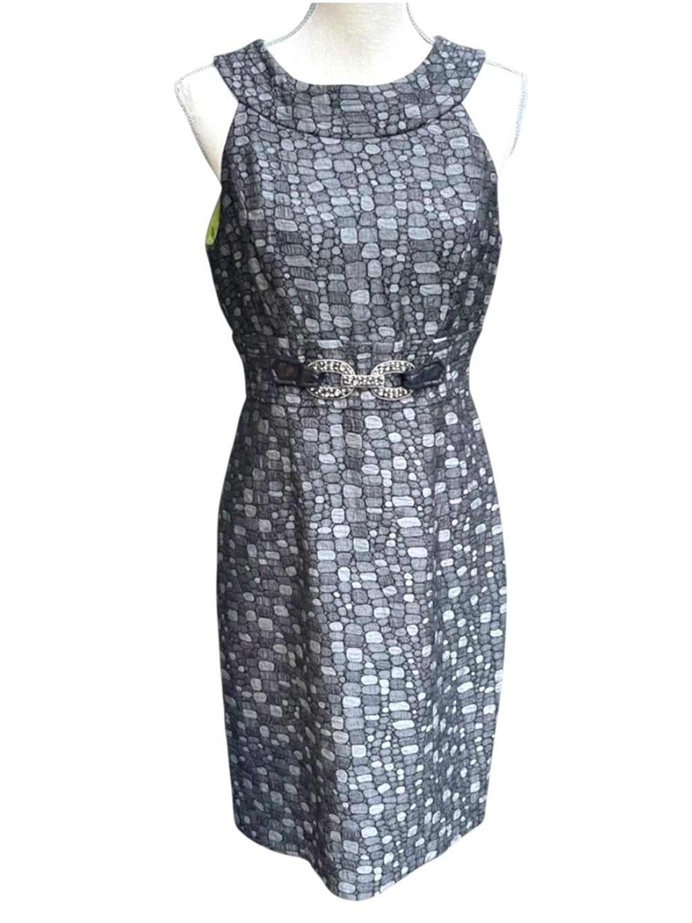 Muse Black/Silver Grey Textured Sleeveless Halter Midi Sheath Dress (10)